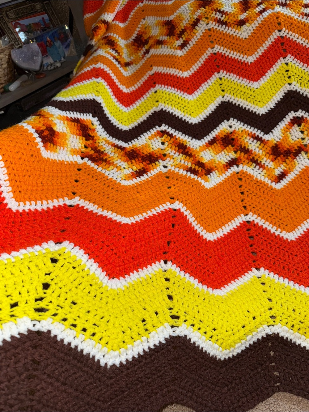 Hand Crafted Orange, Yellow, Brown Chevron Crochet Throw Blanket - Picture 6 of 6